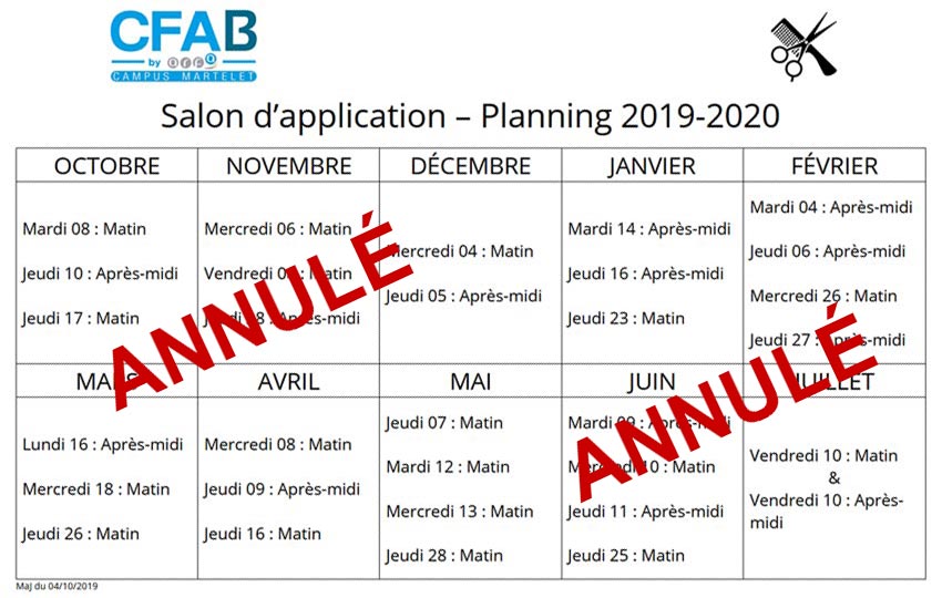 Planning 2019-2020 Salon d'application coiffure