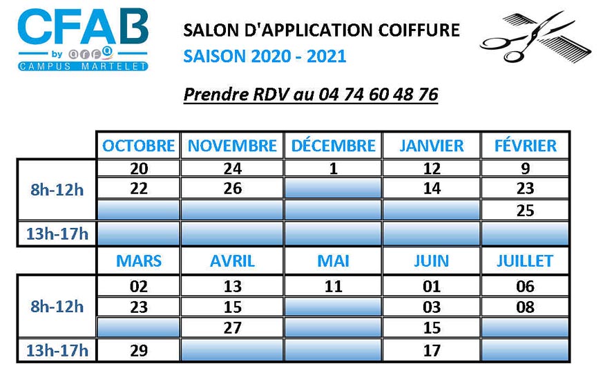Planning 2020-2021 Salon d'application coiffure